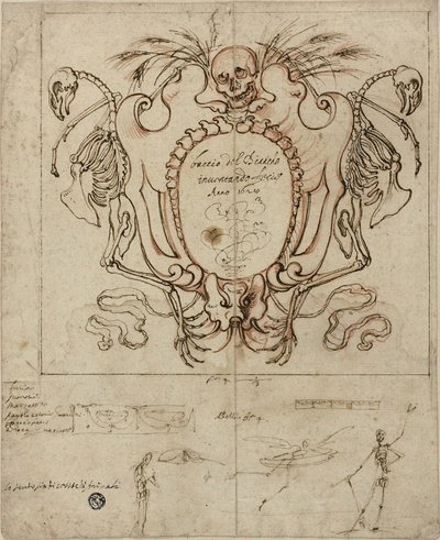 Cártula fúnebre com inscrição e esboços de esqueletos e detalhes ornamentais de Baccio del Bianco