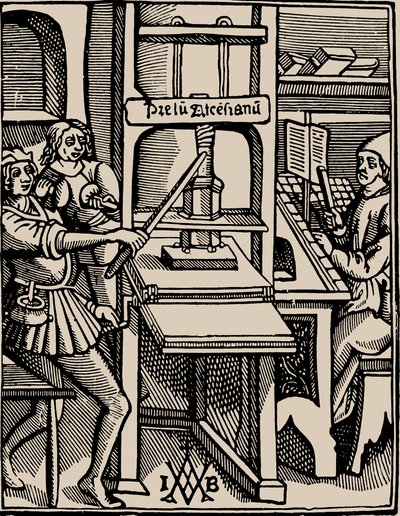 Prelum Ascensianum: dispositivo de impressão com a prensa em funcionamento, 1508. de Badius