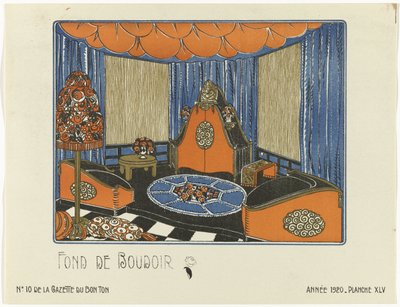 Gazette du Bon Ton, 1920 - No. 10, Pl. XLV: Fond de Boudoir (título no objeto) de Bagge and Huguet