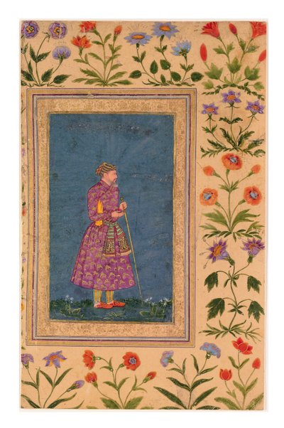 Retrato de Mughal Grandee, de pé, c.1640 (aguarela opaca e ouro sobre papel) de Bahadur Ilyas