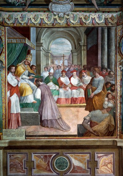 Celestino III consagrando o primeiro bispo de Viterbo em 1192, detalhe dos afrescos de Baldassare Croce de Baldassare Croce