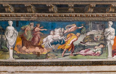 Procris empalado pelo dardo nunca errado, Cephalus a correr na sua direcção e Aurora e Titone numa carruagem puxada por quatro cavalos de Baldassarre Peruzzi