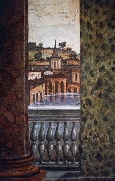 Edifícios por água, detalhe a partir de fresco no Hall of Perspectives de Baldassarre Peruzzi