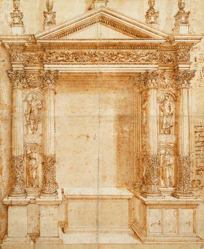 Projeto para um altar com um tabernáculo com frontão apoiado em estátuas coríntias emparelhadas de Santa Luzia, Santa Inês, Santo Ansano e Santo Estêvão em nichos entre estas de Baldassarre Peruzzi