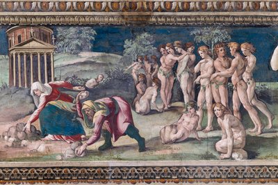 Deucalião e Pirra jogando pedras de Baldassarre Peruzzi
