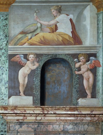 A Sala delle Perspectiva Hall of Perspecto detalhe de nicho trompe loeil representando a deusa Juno com um pavão, 1518-19 afrescos de Baldassarre Peruzzi