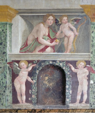 O Hall das Perspectivas Hall of Perspectives detalhe do nicho trompe loeil representando Venus e Cupido, 1518-19 fresco de Baldassarre Peruzzi