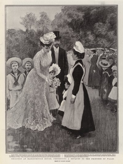 Crianças em Marlborough House, apresentando um ramo de flores à Princesa de Gales (litografia) de Balliol (after) Salmon