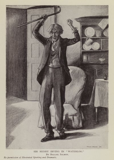O ator inglês Henry Irving na peça Waterloo de Arthur Conan Doyle (litografia) de Balliol (after) Salmon
