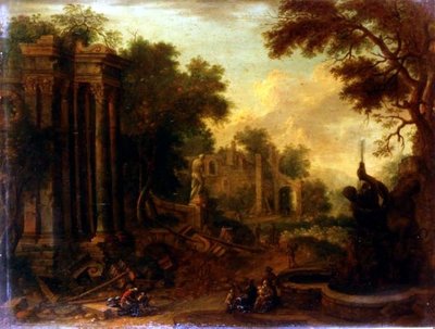 Paisagem arborizada com viajantes descansando por ruínas clássicas (uma de um par) de Balthasar (circle of) Beschey