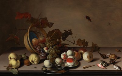 Natureza morta de frutas com cesto de vime, mexilhões e borboleta, primeira metade do século XVII. de Balthasar van der Ast