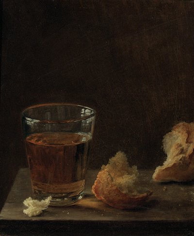 Um copo de cerveja e um pão sobre uma mesa de Balthasar Denner