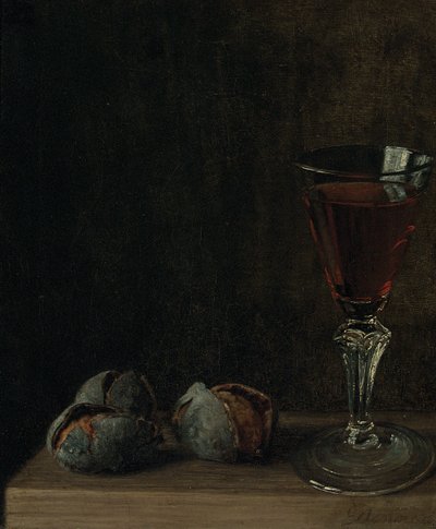 Um copo de vinho com nozes em uma mesa de Balthasar Denner