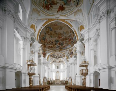 Vista interna da igreja do mosteiro pelo arquitecto Johann Balthasar Neumann (1687-1753) Neresheim, Alemanha de Balthasar Neumann
