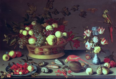 Uma cesta de uvas e outras frutas (óleo no painel) de Balthasar van der Ast