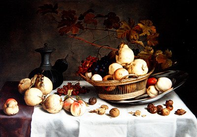 Uma Natureza Morta de Marmelos em um Cesto, outras Frutas e Objetos (óleo em painel) de Balthasar van der Ast