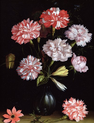 Estudo Floral: Cravos em um Vaso (óleo no painel) de Balthasar van der Ast