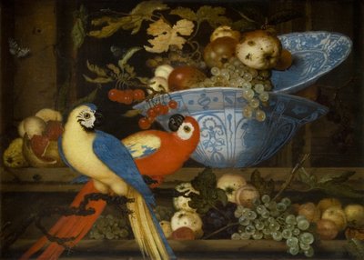 Natureza morta de frutas com dois papagaios de Balthasar van der Ast