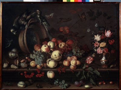 "Natureza morta com frutas, flores e papagaios" (também chamada "Natureza morta com frutas, conchas e insetos") Pintura de Balthasar van der Ast (1593/4-1657 ) por volta de 1620 Dim. 75x104 cm Museu Ermi de Balthasar van der Ast