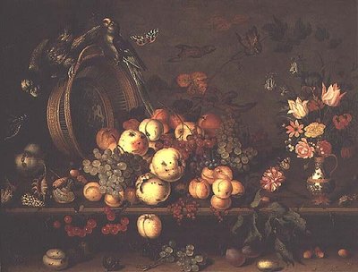 Natureza Morta com Frutas, Flores e Papagaios, início de 1620s (painel) de Balthasar van der Ast