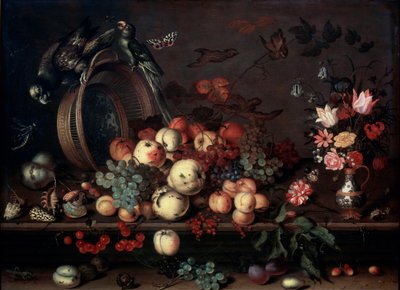 Natureza morta com frutas, flores e papagaios, década de 1620 de Balthasar van der Ast