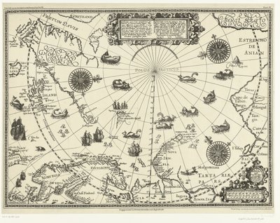 Mapa dos países à volta do Círculo Polar Ártico com as três viagens dos holandeses em 1598 de Baptista van (after) Doetechum
