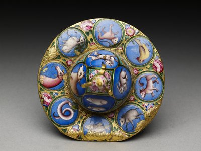 Tigela com tampa, pires e colher com decoração astrológica, início do século XIX de Baqir