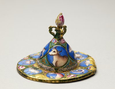 Tigela com tampa, pires e colher com decoração astrológica, início do século XIX de Baqir