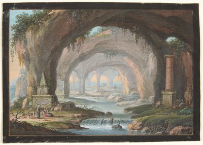 Paisagem com cavernas a céu aberto, monumentos tumulares, um rio e figuras de Barbara Dietzsch