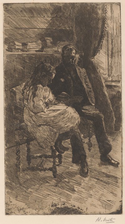Interior com um homem e uma rapariga a lerem um livro juntos de Barbara Elisabeth van Houten (signed by artist)