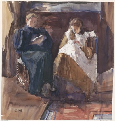Senhora leitora e bordadeira, vistas de frente, na casa de 6 Riouwstraat, em Haia de Barbara Elisabeth van Houten
