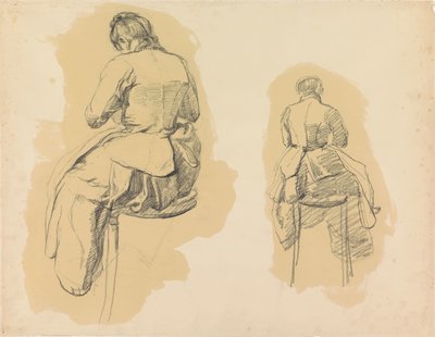 Dois estudos de uma mulher sentada num banco, vista de trás de Barbara Elisabeth van Houten