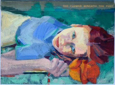 Flor sob o pé, 2022 (óleo sobre capa de livro de linho antigo) de Barbara Hoogeweegen