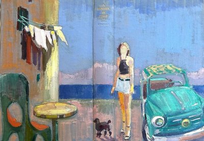 summer in italy, 2024, óleo sobre capa de livro em linho antigo de Barbara Hoogeweegen