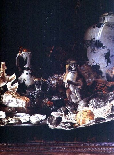 Ainda vida exótica com macaco e porcelana chinesa de Barend or Bernardus van der Meer