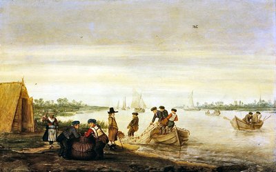 Cena de um rio com pescadores a puxar as redes de Barent Avercamp