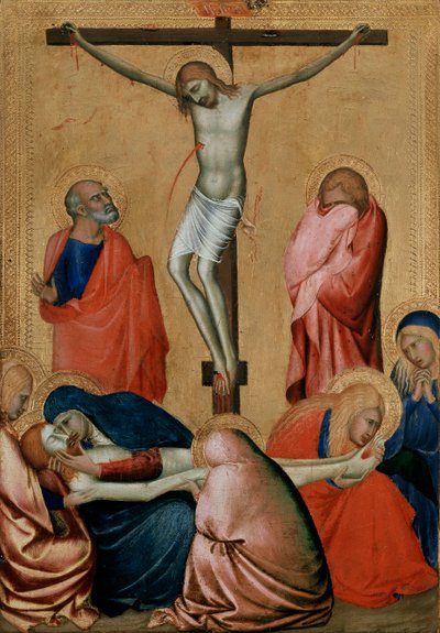 A Crucificação e Lamentação, século XIV de Barna da Siena