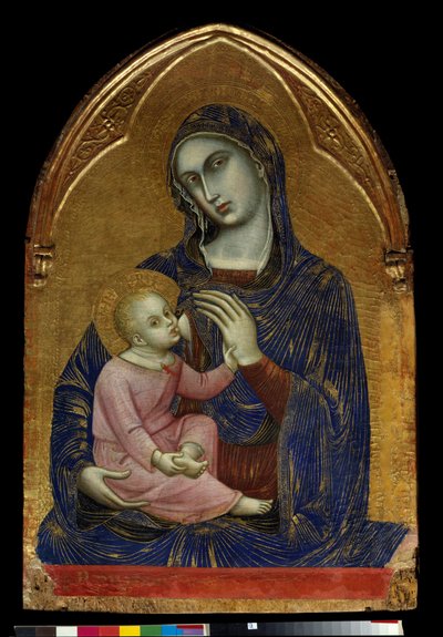 A Virgem e o Menino Maria amamentam Jesus Cristo que tem um colar de coral. Pintura em madeira de Barnaba da Modena (conhecida de 1361 a 1383) Dim. 1,09x0,72 m Paris, Musee du Louvre. de Barnaba da Modena