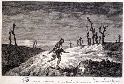 Lobisomem (lobisomem) atacando um homem - da ap. pintura de Maurice Sand, exposta no Salão de 1857. de Baron Dudevant Jean Francois Maurice (after) Sand