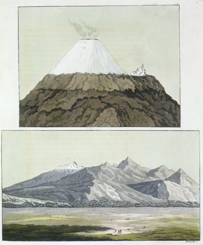 Cúpula de Cotopaxi (acima) e a erupção de Cotopaxi, 1803 (parte inferior), de &39;Le Costume Ancien et Moderne&39;, Volume I, de Jules Ferrario, publicado em 1820s-30s de Baron Friedrich Alexander von Humboldt