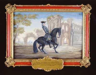 Não. 52 Le Bienvenu, um cavalo baio escuro da Escola de Equitação Espanhola que executa um movimento de adestramento (wc no papel) de Baron Reis Eisenberg
