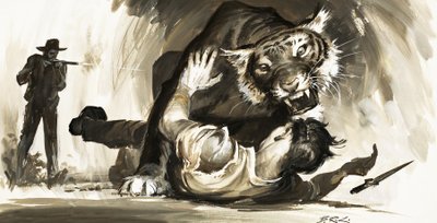 Tigre a atacar um caçador de Barrie Linklater