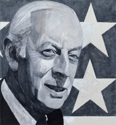 Retrato de Alistair Cooke, ilustração para o ouvinte, de 1970 (guache a bordo) de Barry Fantoni
