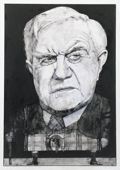 Retrato de Andrew Cruickshank, ilustração para The Sunday Times (guache a bordo) de Barry Fantoni