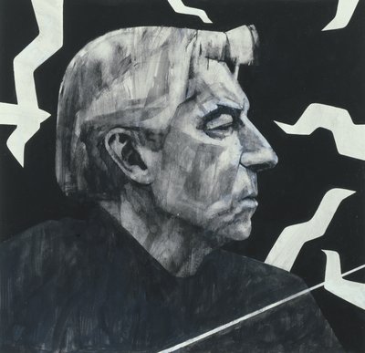 Retrato de Herbert von Karajan, ilustração para o The Sunday Times, 1970 (guache a bordo) de Barry Fantoni