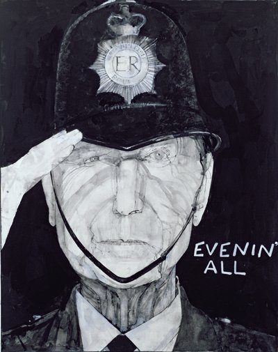 Retrato de Jack Warner como Dixon de Dock Green, ilustração para o ouvinte, de 1970 (guache a bordo) de Barry Fantoni