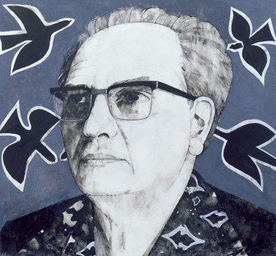Retrato de Olivier Messiaen, ilustração para o The Sunday Times, de 1970 (guache a bordo) de Barry Fantoni