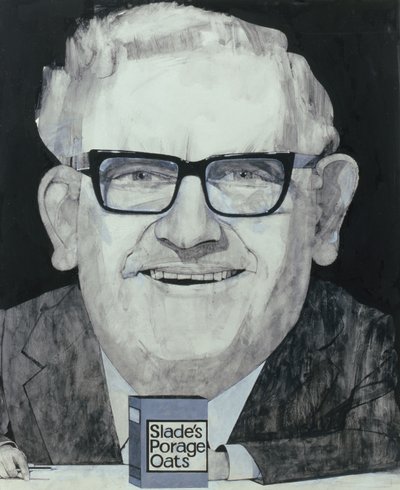 Retrato, de, ronnie, barker, ilustração, para, a, ouvinte, 1970s, (guache, board) de Barry Fantoni