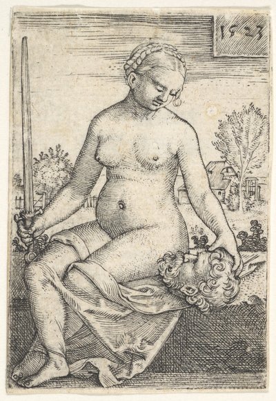 Judite, sentada nua com uma espada na mão direita, olhando para a cabeça de Holofernes..., 1523. de Barthel Beham