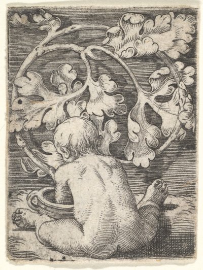 Criança nua vista de trás, sentada em frente a uma embarcação, em meados do século XVII. de Barthel Beham